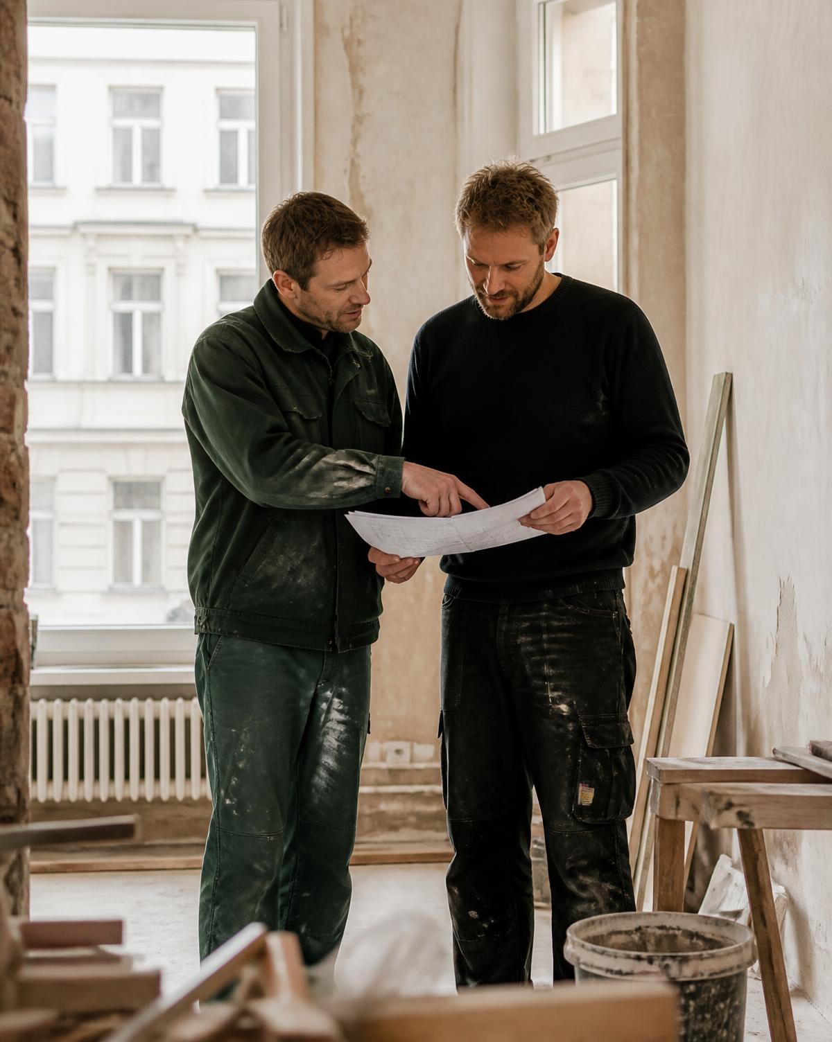 FB Bau Handwerker besprechen die Planung einer Altbausanierung